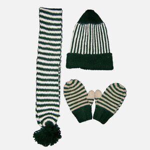 Vintage 70s Handmade Knit Kids Hat Scarf Mittens Set Green White Striped
